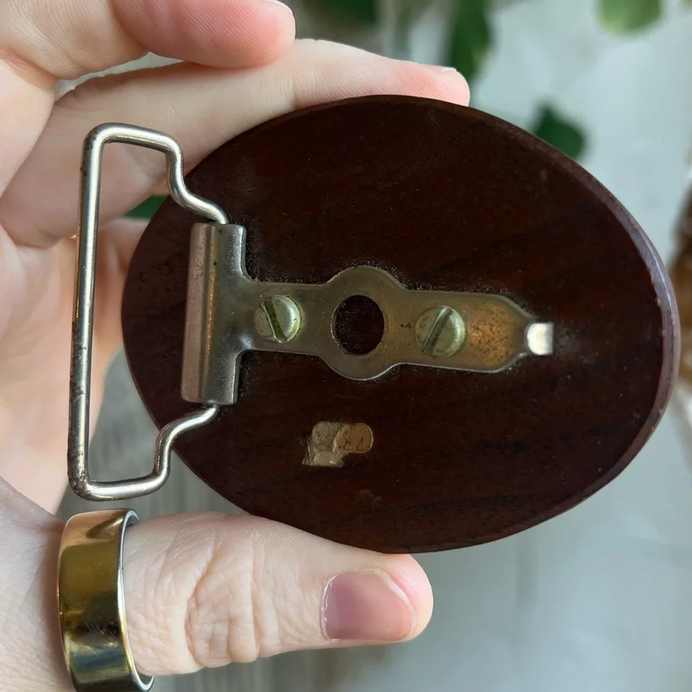 Vintage “Stable Bum” Wood Belt Buckle Western Equestrian Humor